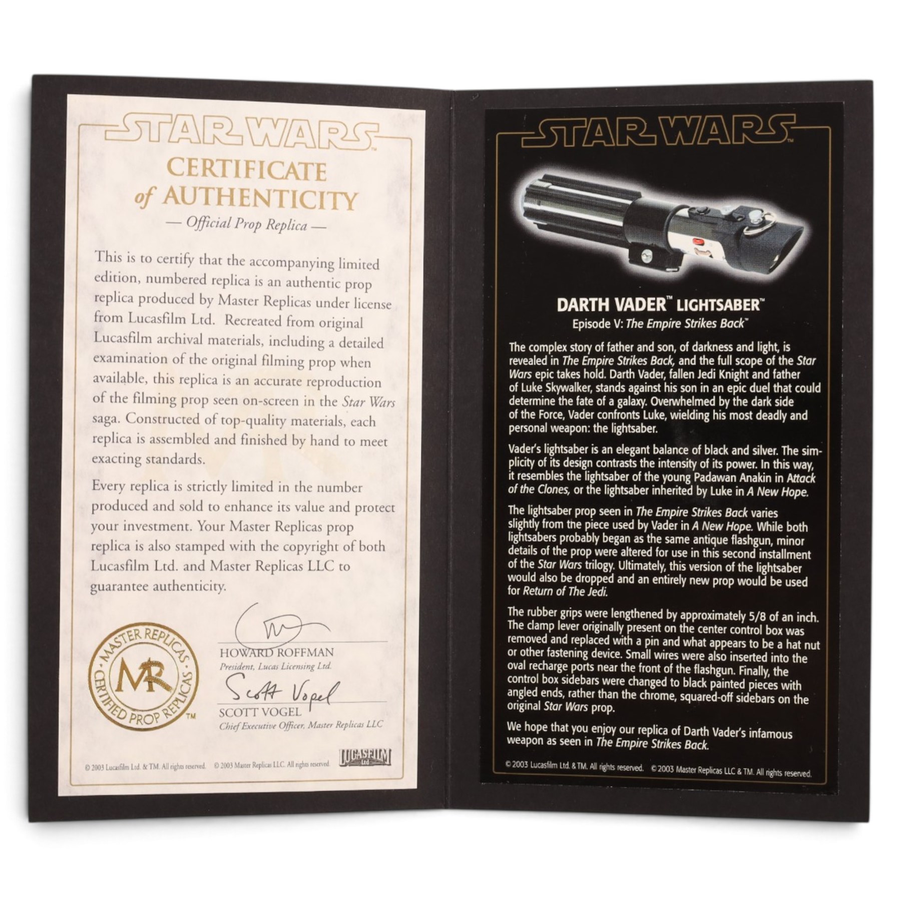 Master Replicas Star Wars Darth Vader's Lightsaber no. SW-117,  1:1 scale, in box with outer cardboard sleeve, with certificate, separate acrylic display case and plaque, limited edition no. 1109/2000