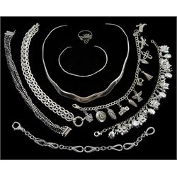 Silver jewellery including torque necklace and similar bangle, two charm bracelets, three link bracelets and a ring, all stamped 925 