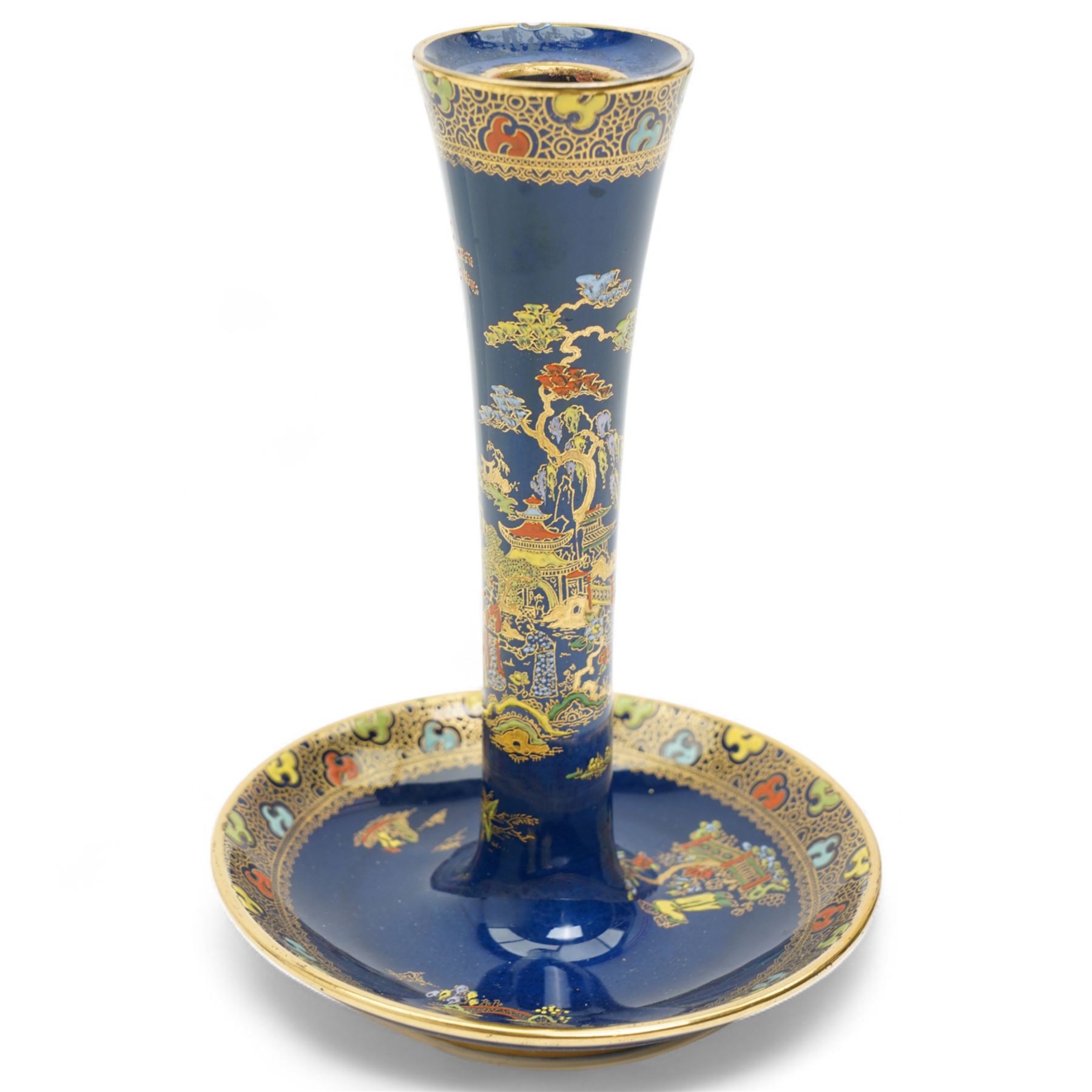 Large Carlton ware ginger jar and cover decorated in the New Mikado pattern on a blue ground H33cm, matching candlestick and a Masons Ironstone pink Vista pattern ginger jar and cover H23cm