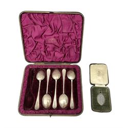 Five hallmarked silver spoons hallmarked London 1898, in case, together with stamped silver pendant depicting religious figure with swan in case, total silver weight approx 80g