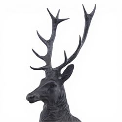 Pair of bronze stags, after Jules Moigniez, modelled in alert stance upon naturalistic bases, set on oval marble plinths, signed to base