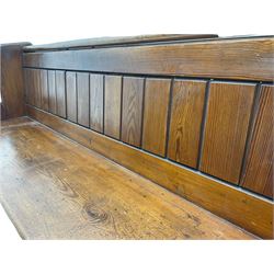 Victorian pitch pine pew, shaped ends, panelled back