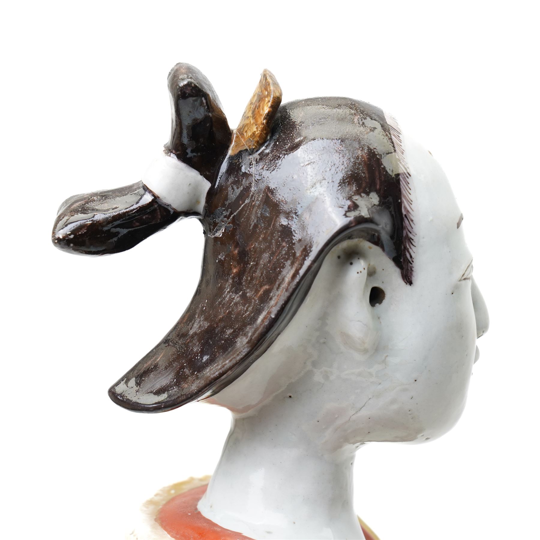 Large Japanese Imari porcelain figure, modelled as a Bijin, wearing a long kimono decorated with apple blossom and leafy branches on a white ground, with gilt detailing, possibly Edo period, H63cm