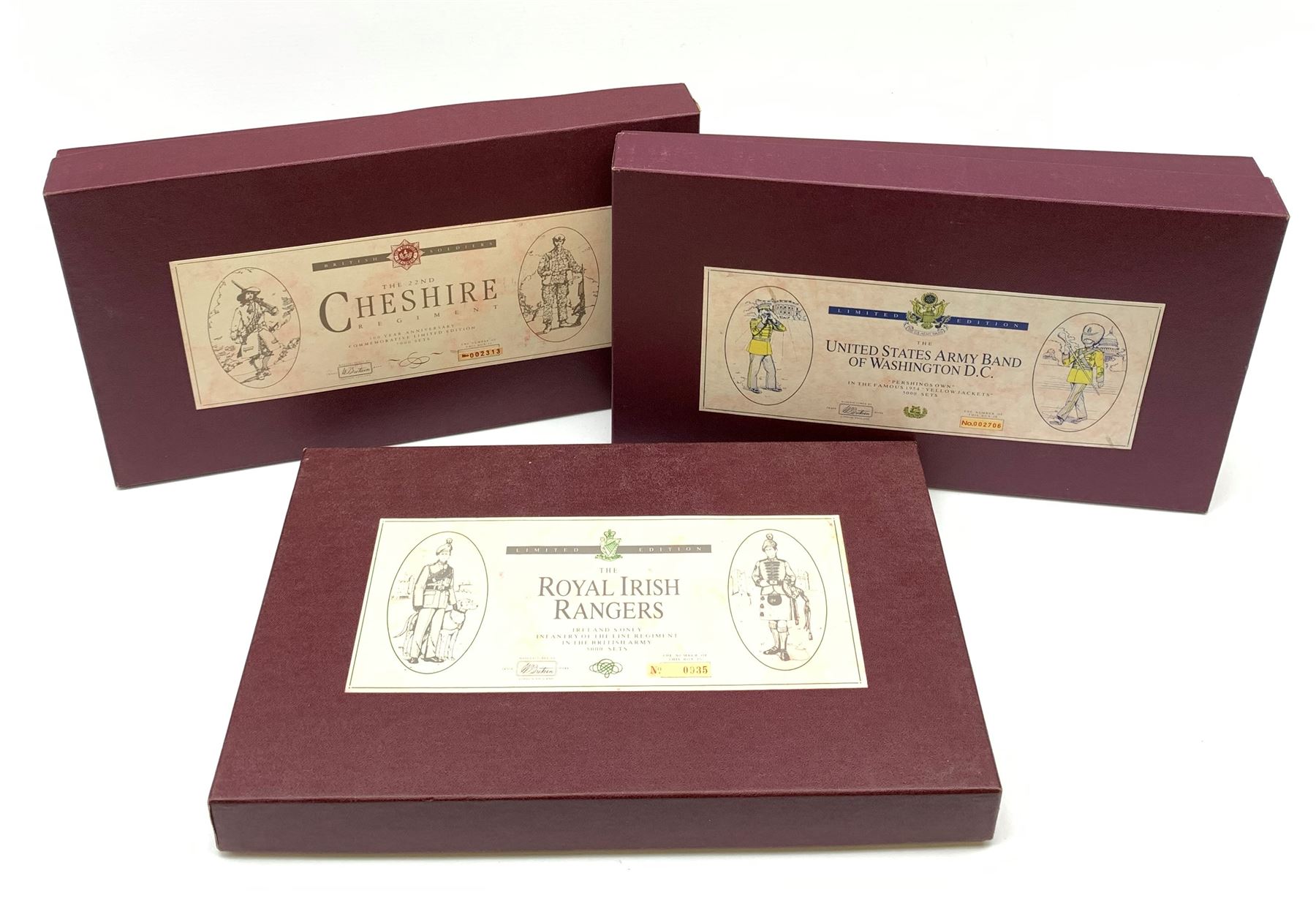 Britains - three limited edition sets of soldiers comprising Royal Irish Rangers No.935/5000, The 22nd Cheshire Regiment 300 Year Anniversary No.2313/7000 and The United States Army Band of Washington D.C., 'Pershings Own ' in the famous 1954 'Yellow Jackets' No.2706/5000; all mint and boxed (3)