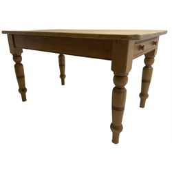  20th century traditional pine farmhouse kitchen table, rectangular top, fitted with single drawer, raised on tapering ring turned supports