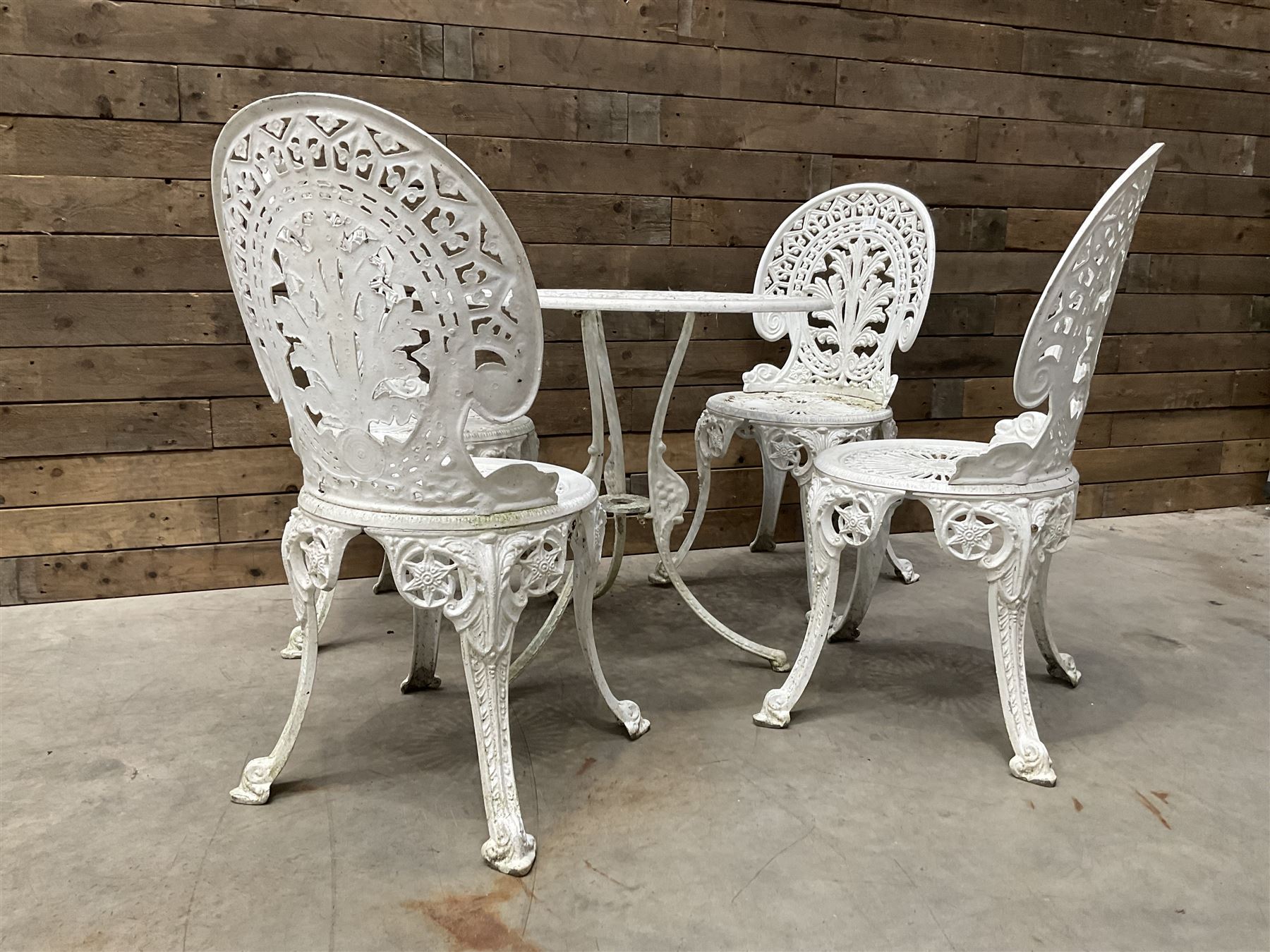 Victorian design white painted aluminium garden table, and four chairs