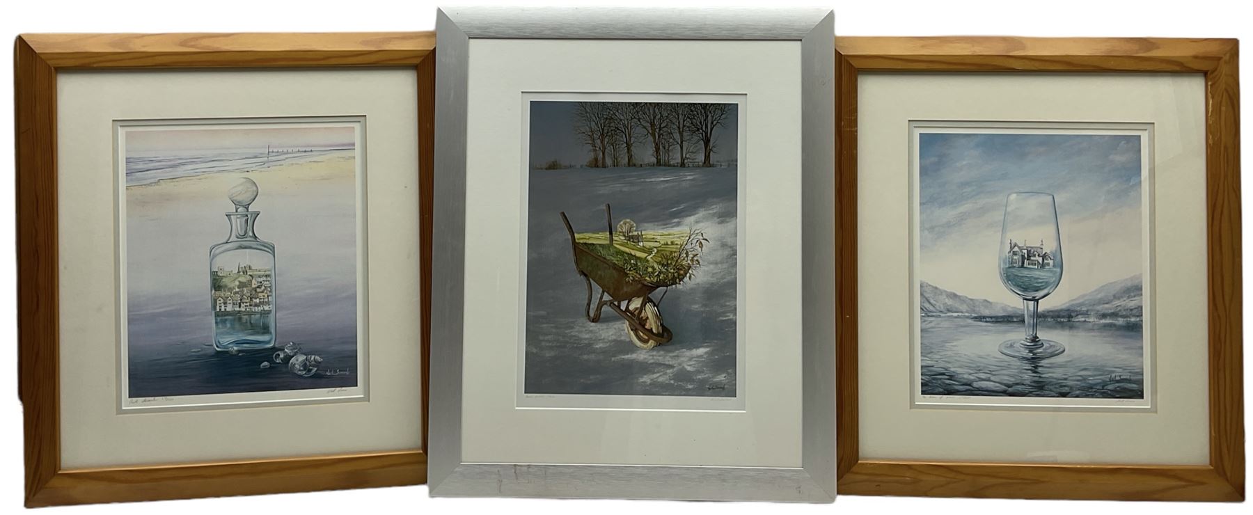 Neil Simone (British 1947-): 'Port Decanter' (with a view of Whitby Abbey), 'The House of Glass' and Wheelbarrow, set three limited edition colour prints signed in pencil 30cm x 25cm (3)