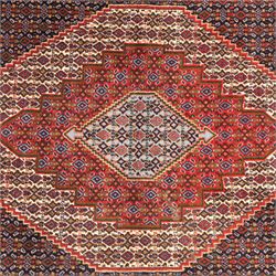 Persian Ardakan rug, featuring central elongated diamond medallion with serrated edges on a repeat boteh field, framed by triple guard borders with red floral scroll design