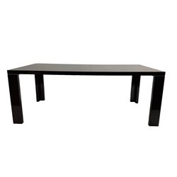 Large American walnut rectangular dining table on square block supports, together with set eight high back dining chairs with cream upholstered seats, the top and chair backs with matching inlaid geometric banding