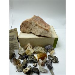 Collection of raw Blue John specimens, together with other mineral specimens