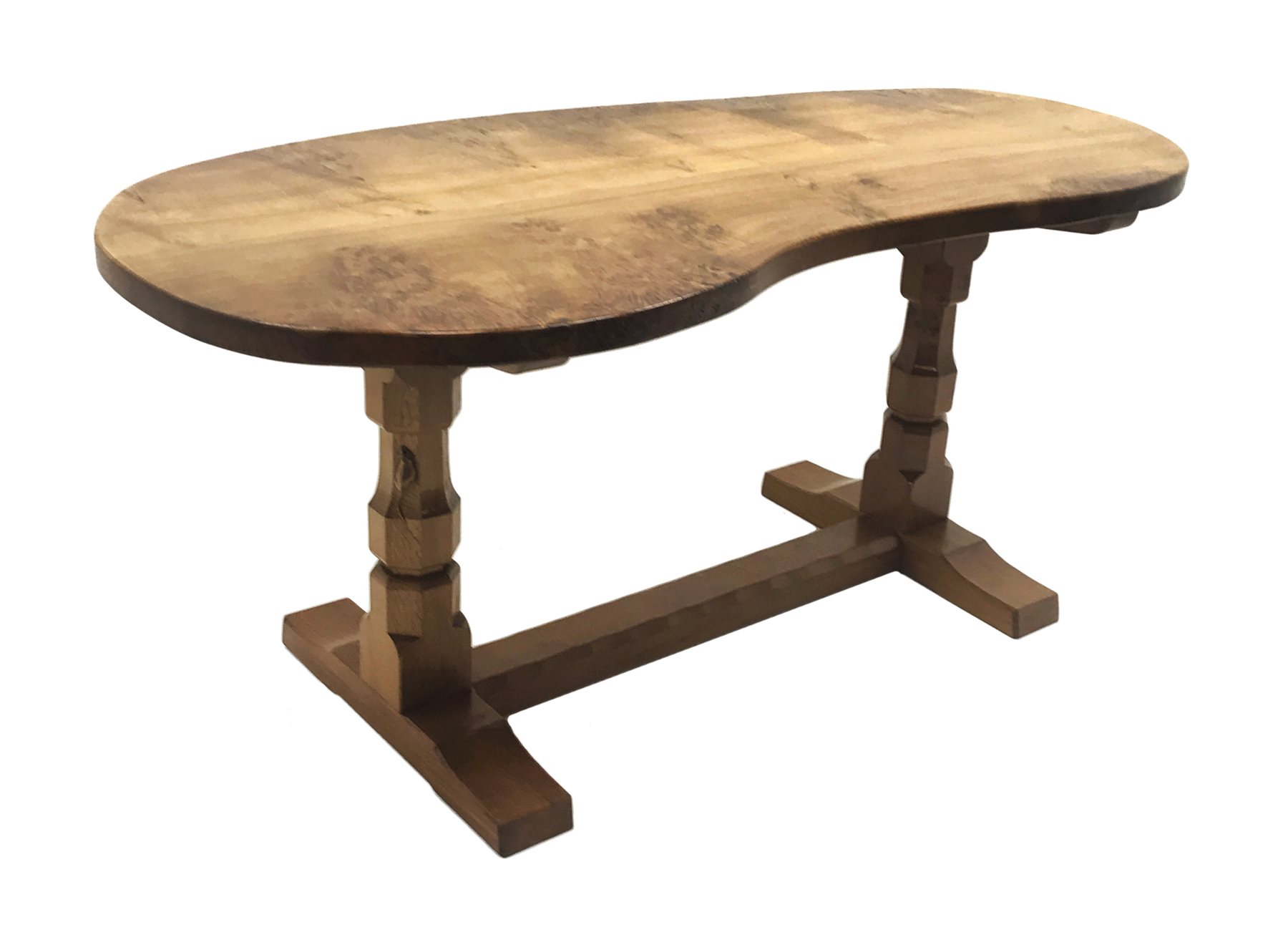 'Mouseman' hand adazed burr oak kidney shaped twin octagonal pedestal dining table joined by