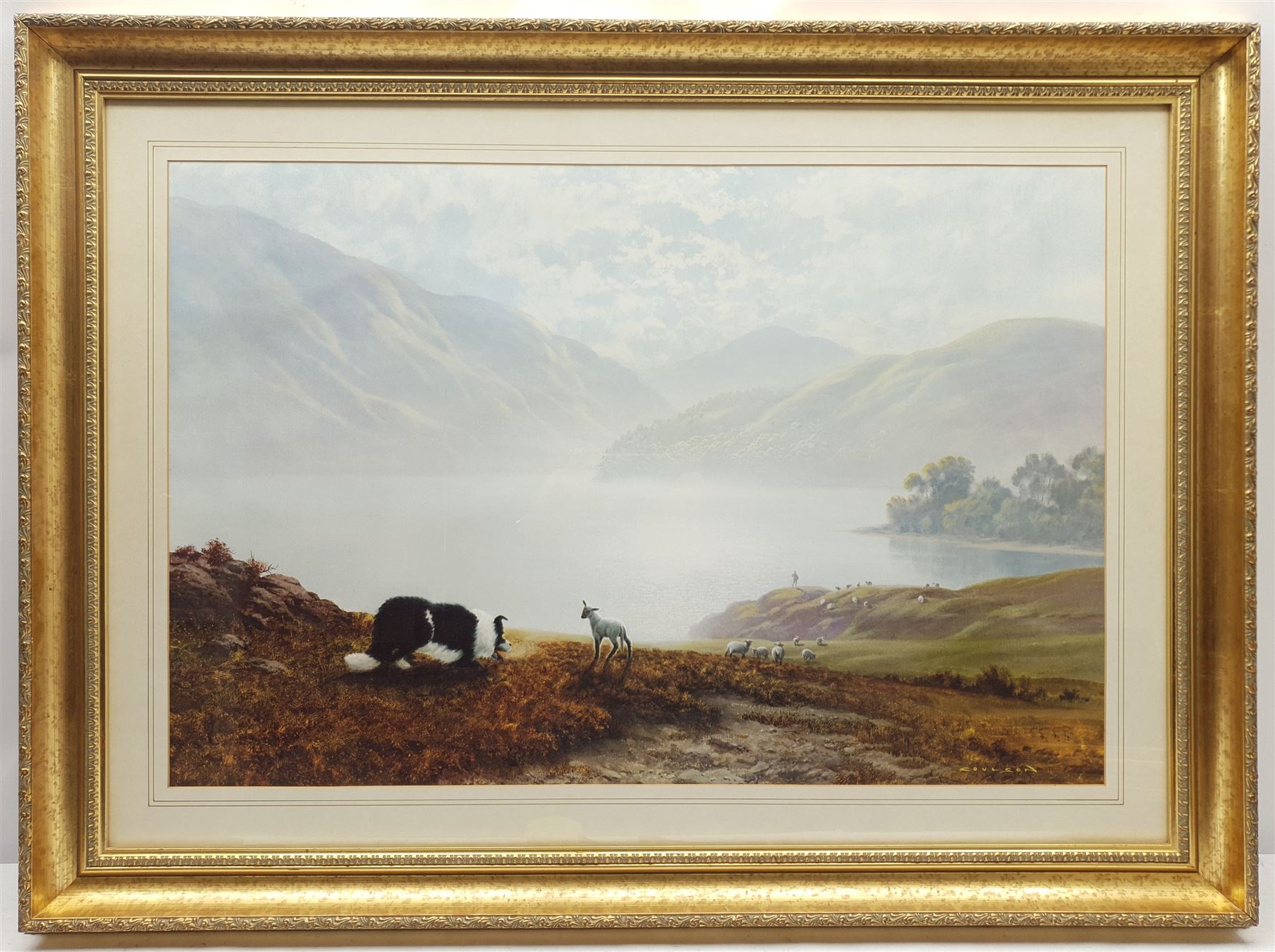 After Gerald Coulson (British 1926-): Herding Sheep on the Lakeside, colour print 50cm x 75cm in gilt frame, together with three small gilt framed prints max 9cm x 13cm (4)