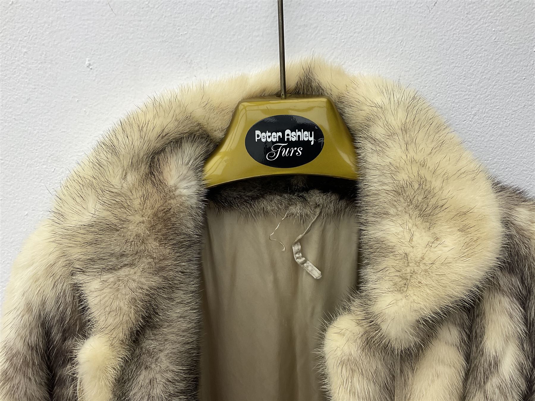 Saga mink full length fur coat, with chevron patterning to sleeves and body, with label to lined interior, approx size 12