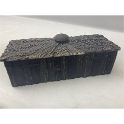 19th century elk horn and cedar wood box, with carved finial, H12cm, L27cm