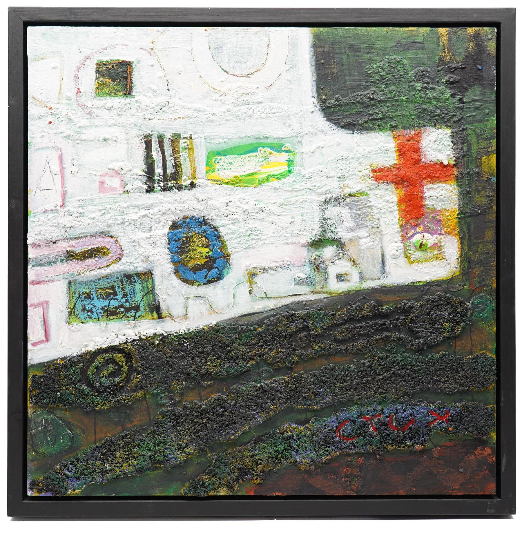 Gillian Ross Kelsey (British 1935-2025): 'Sacred Symbols', mixed media on board unsigned, titled on label verso 60cm x 61cm