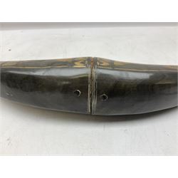 Carved water buffalo horn wall pocket, engraved with landscape scene with patterned borders with pierced foliate panel, together with a pair of horns with similar engraved decoration, L47cm