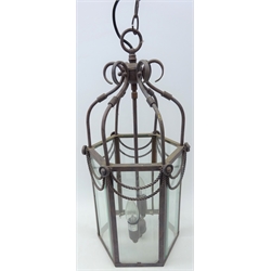  Hanging hall lantern, painted metal frame with six glass panels, H57cm of body of the lantern  