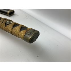 Three reproduction swords - Japanese katana and saya; Tai Chi sword with ornate scabbard; and dress sword with fullered triangular blade and horn handle (3)