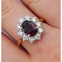 18ct gold ruby and diamond cluster ring, hallmarked, ruby approx 2.00 carat, diamond total weight approx 0.70 carat