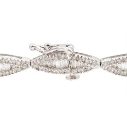 18ct white gold round brilliant cut and baguette cut diamond, marquise shaped link bracelet, hallmarked, total diamond weight approx 3.00 carat