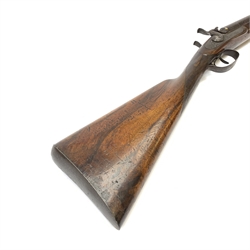 19th century 13-bore muzzle loading, percussion cap, side-by-side double barrel sporting gun by W. Needler Hull, the walnut stock with chequered grip and steel butt plate, engraved action, pineapple finials to fore-end, gold escutcheon, 74cm barrels with under barrel ramrod,  L116cm overall