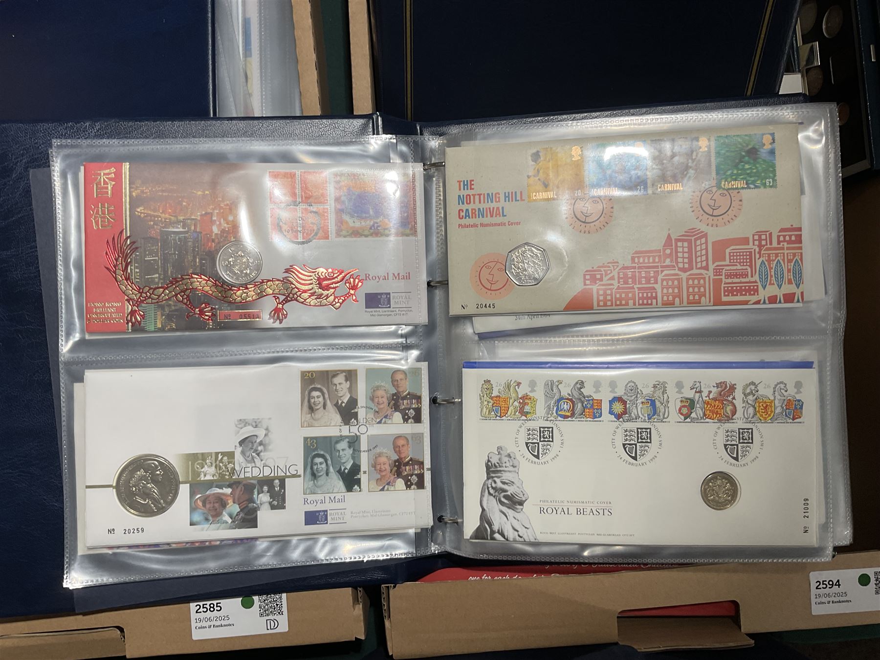 Approximately one hundred and fifteen Royal Mint coin covers, in two ring binder folders and loose, together with approximately 53 grams of Great British pre-1920 and approximately 68 grams of Great British pre-1947 silver threepence coins, and a small quantity of further pre-decimal coins