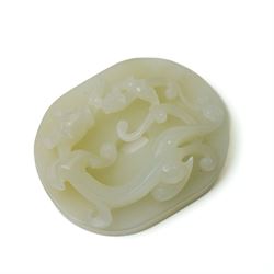 Set of three Chinese carved green hard stone pieces, depicting dragons and clouds, largest W5cm 