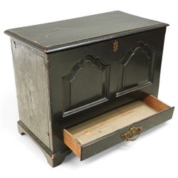 18th century and later oak coffer bach, moulded hinged lid over panelled front and single drawer, shaped and stepped arch panels, on bracket feet, in black paint finish