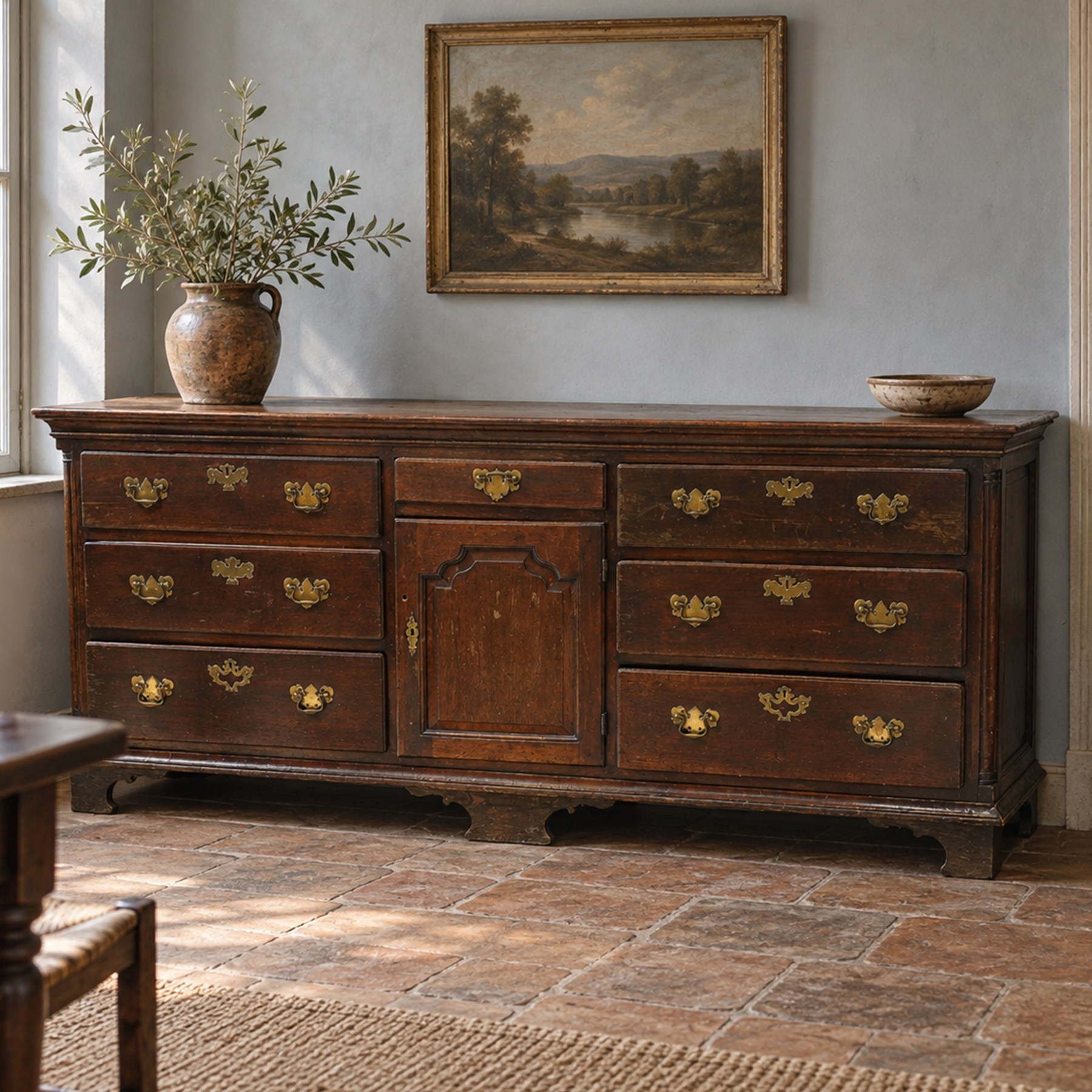 19th century Georgian oak long dresser base, rectangular plank top above a central frieze drawer over a fielded panel cupboard, flanked by three banks with quarter cantered pilasters, brass swan neck handles and escutcheons, raised on shaped bracket feet