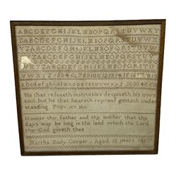 Victorian sampler by Martha Emily Cooper Aged 10 Years 1857, worked with alphabet and religious verse, framed and glazed, H42.5cm W45.5cm