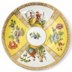 Helena Wolfsohn Dresden porcelain quatrefoil twin handled chocolate cup and stand, painted with panels of courting couples and floral sprays on a yellow ground, together with another Wolfsohn cup and saucer of the same design, and a similar continental vase decorated with shipping and town scenes, all marked to base, chocolate cup H8cm 