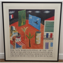 David Hockney (British 1934-): 'New World Festival of the Arts', signed exhibition poster for Greater Miami and the Beaches June 1982, pub. Petersburg Press 98cm x 91cm Provenance: from the collection of the late Cavan O'Brien of Bridlington who was employed by Marlborough and Fischer Fine Art London    