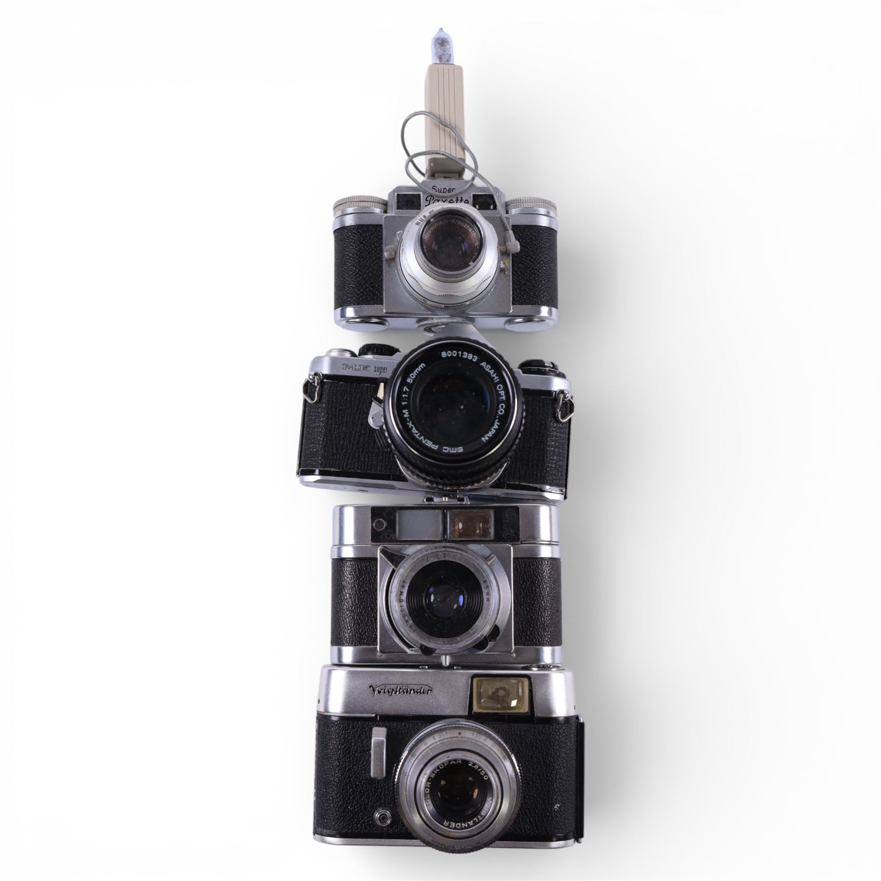 Collection of rangefinder and similar cameras, including Voigtlander, Retinette, Agima, Condor, Pentax, etc