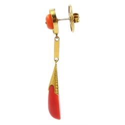 Pair of 18ct gold coral pendant stud earrings, in silk and velvet lined box