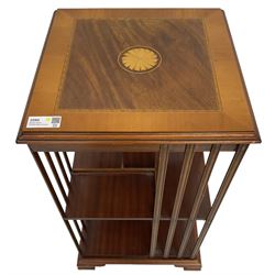 Edwardian Revival inlaid mahogany two-tier revolving bookcase, square top with central fan motif inlay and satinwood banding, on ogee feet