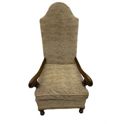 18th century design Continental walnut framed armchair, high shaped back, scroll arms