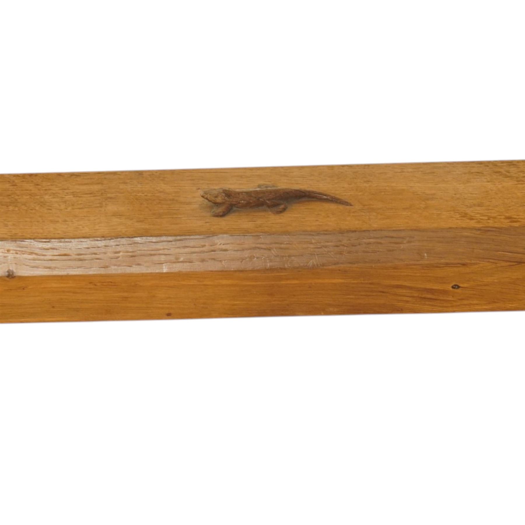 Lizardman - 5' oak refectory dining table, rectangular adzed top, octagonal turned supports united by stretcher with carved lizard signature, by Derek Slater of Crayke