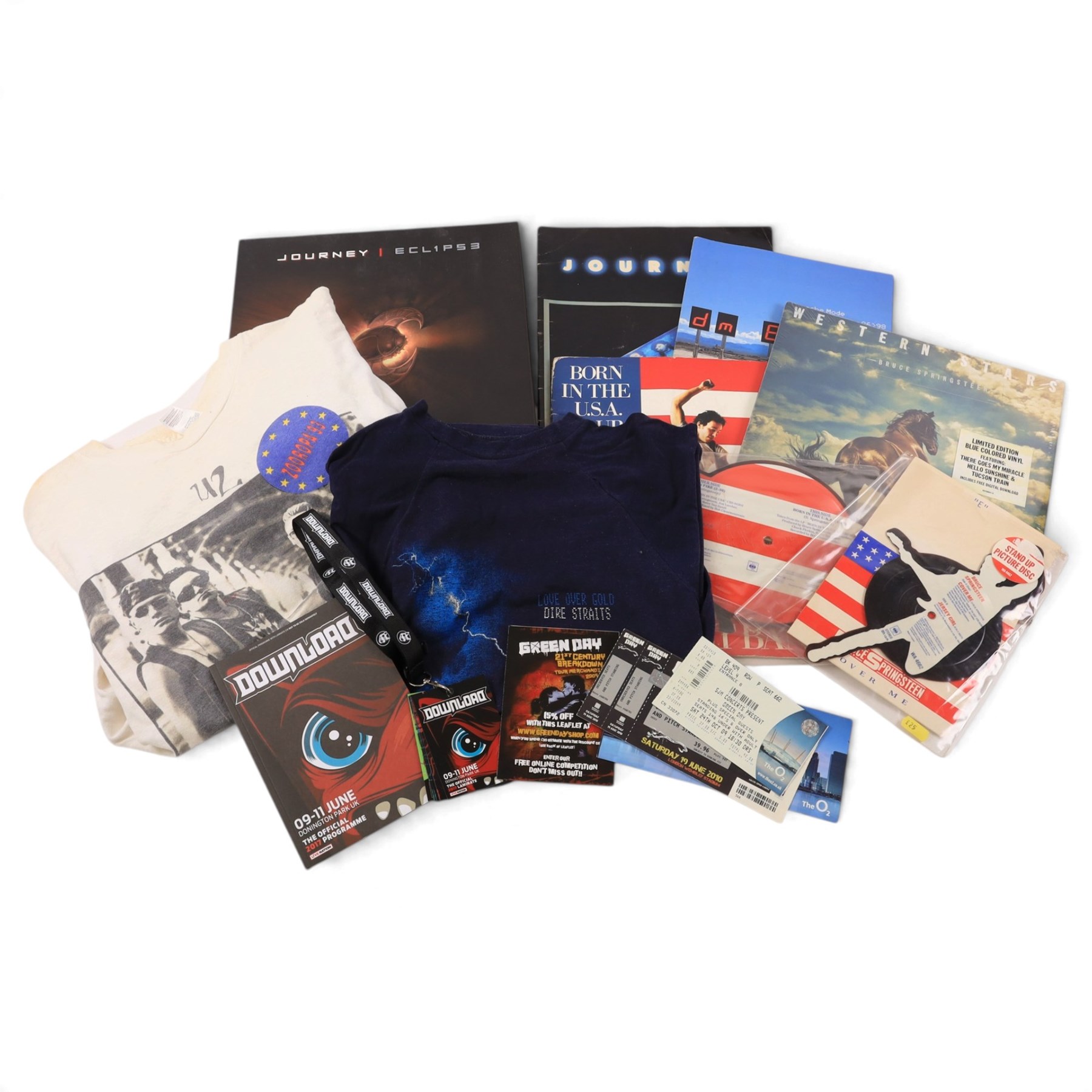 Collection of 1980s and later music tour merchandise and records, including Dire Straits Love Over Gold t-shirt, U2 Zooropa t-shirt, Bruce Springsteen Born In The USA tour programme, Bruce Springsteen Cover Me Stand Up picture disc and sleeve, Bruce Springsteen Born In The USA picture disc, Bruce Springsteen Western Stars limited edition coloured vinyl, Depeche Mode Singles Tour programme 1986-88, Journey 1986 programme and ticket stub, Journey Eclipse Collectors Edition Set and 2017 Download Festival passes