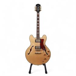 Epiphone by Gibson Sheraton semi-hollow electric guitar, serial no. S98081744 made in Korea c.1998, with natural blonde body, maple neck, fretboard with abalone and mother of pearl split block markers, with inlaid mother of pearl tree of life design and Epiphone logo to headstock, L109cm