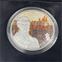 Queen Elizabeth II Bailiwick of Guernsey 2015 'The Battle of Waterloo' silver proof five ounce coin, weighing 155.53 grams 925/1000 silver, cased with certificate