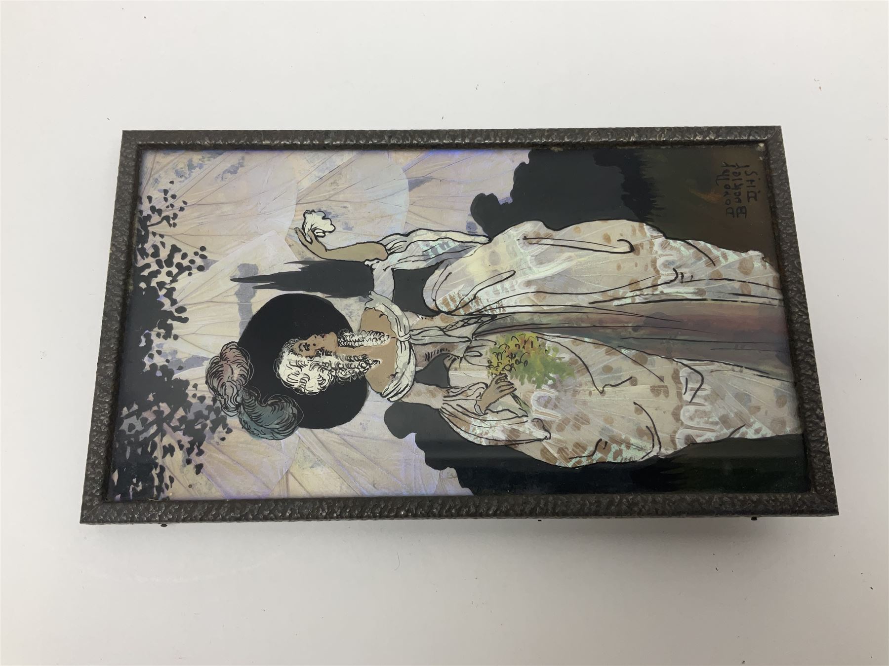 Seven 1930's butterfly wing pictures, mainly of ladies in period dress, one signed Dorothy Buckley, largest H18cm