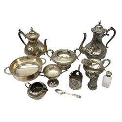 Twin handled silver plated bowl retailed by Harrods, together with two 19th century coffee pots, pewter milk jug and other metalware   