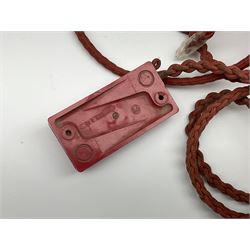 1950s Siemens Brothers red telephone with chrome rotary dial with enamel number plate and Siemens dial label, model 356, the body with base drawer below gilt logo, the handset with impressed mark PAT. 328926 PAT. SA 9/30, with red braided cord and red junction box (detatched), W15cm D18.5cm H14cm