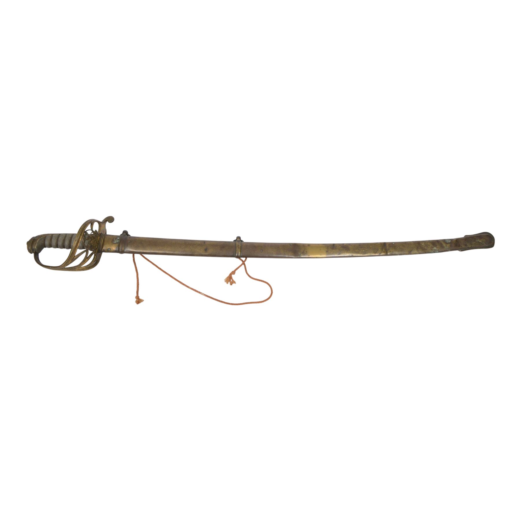 British Victorian 1845 Pattern Infantry Officer's Sword, by Henry Wilkinson, the 81cm blade by Henry Wilkinson, etched with the crowned VR cypher amidst scrolling foliage,folding sideguard, wire bound fishskin covered grip, within brass scabbard, twin suspension rings, overall L100cm