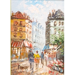  Parisian Street Scenes, three 20th century oil on canvas board signed Burnett 19cm x 24cm (3)  