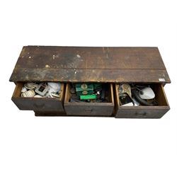 19th century pine tool chest fitted with a combination of eight drawers; together with content including tools, AA and RAC badges, electric equipment etc.