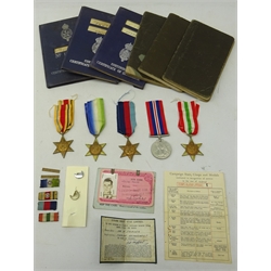  Collection of Ephemera relating to William Fraser b.1903, Apprentice Shipwright Cunard White Star 1918-1922, Charles Howson & Co. 1922-1924, Merchant Navy 1117395, 1925 as Carpenter incl. Bresica, Antonia, Samaria, Olympia, Mauretania, discharged 14.4.47, with three Service Books, Cert. of Efficiency as a Lifeboatman 1928, White Star Pass, Crew Medical Card, USA Alien Registration Reciept Card, three note books, War Medal, 1939-45, Italy Africa, and Atlantic stars with ribbons and list, etc (qty)    