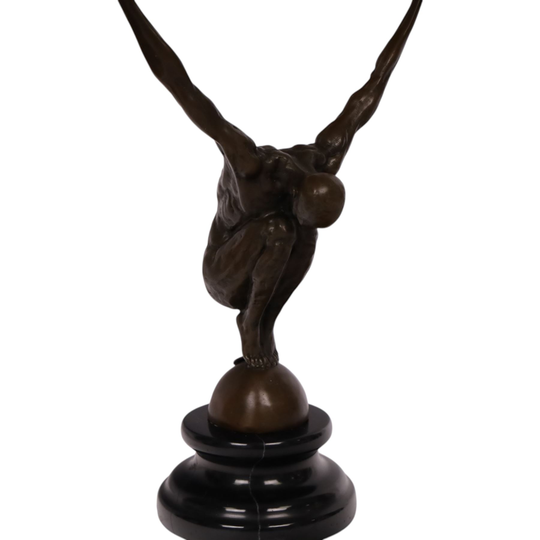 After Milo - bronze figure of a man in perfect balance, bearing signature and foundry mark, overall H29cm