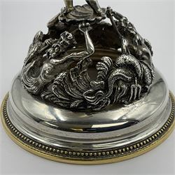 Modern limited edition silver mounted nautilus shell cup, no. 42/150, the pearlescent shell cup with silver-gilt strapwork to rim, upon a stem modelled as a putto supporting a gilt cornucopia and circular domed foot depicting Poseidon amongst swirling waves, hallmarked by St James House Company, London 1980,  H17.5cm