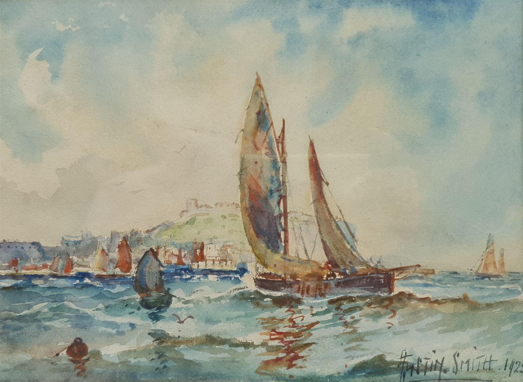 Austin Smith (British early 20th century): Leaving Scarborough Harbour, watercolour signed and dated 1925, 16cm x 22cm